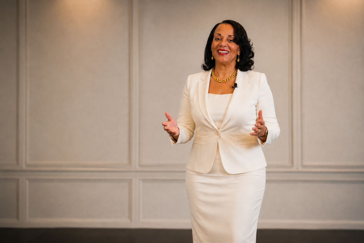Janice M. Coleman speaking, arms open, in a cream suit