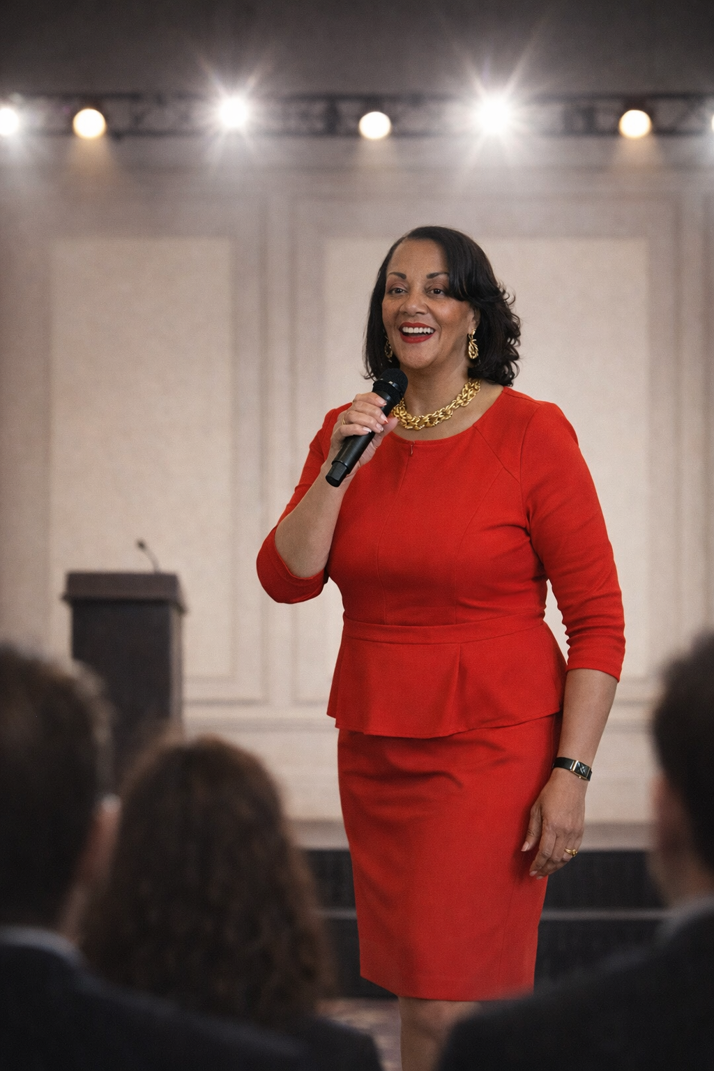 Janice Coleman speaking on stage in a red suit with a gold statement necklace