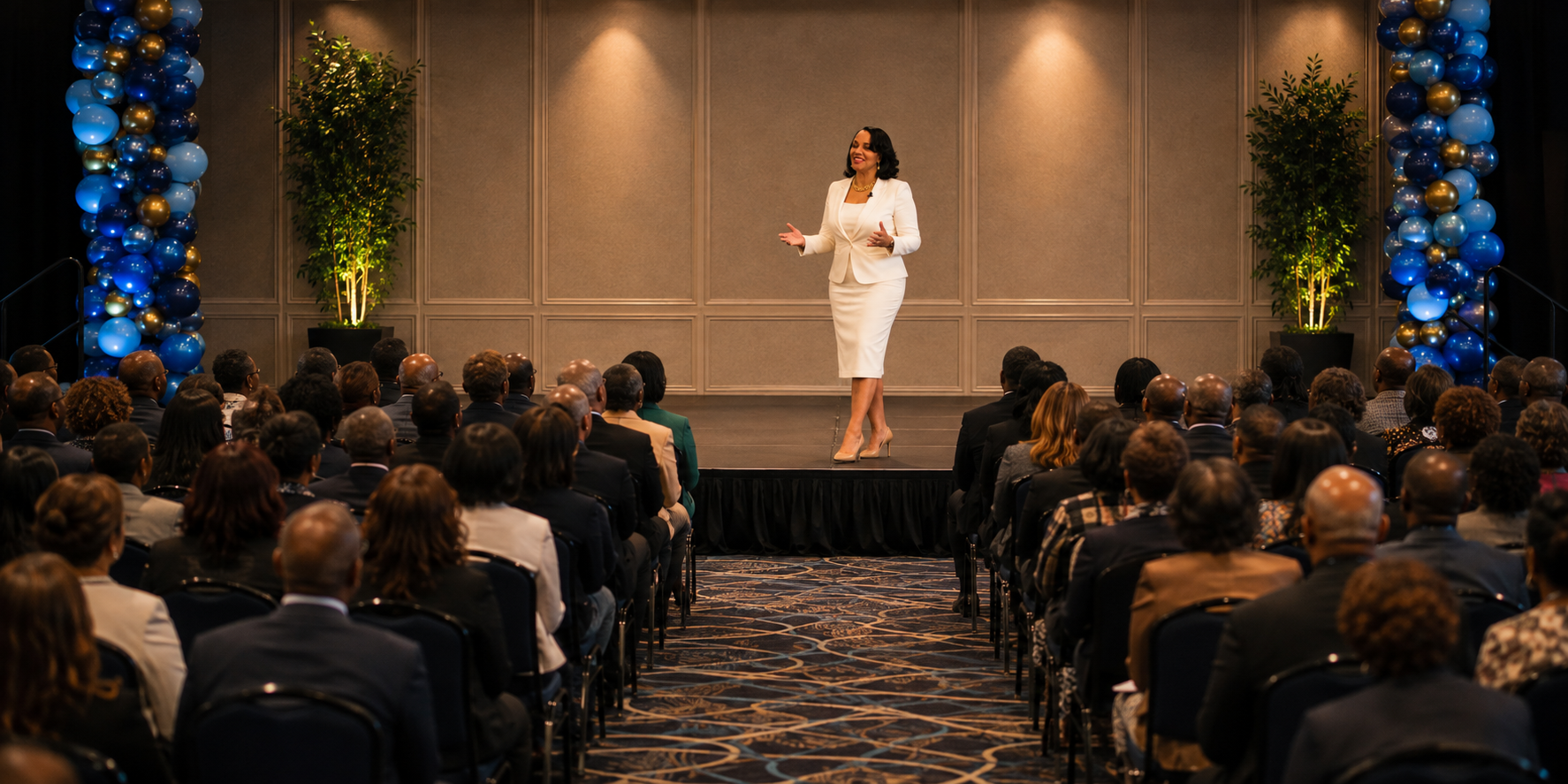 Janice Coleman speaking on stage in a white suit before a large seated audience
